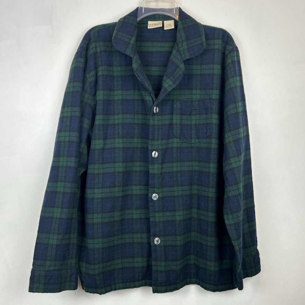 LL Bean Pajama Top Mens Large Green Scotch Plaid Flannel Button Cozy Lounge